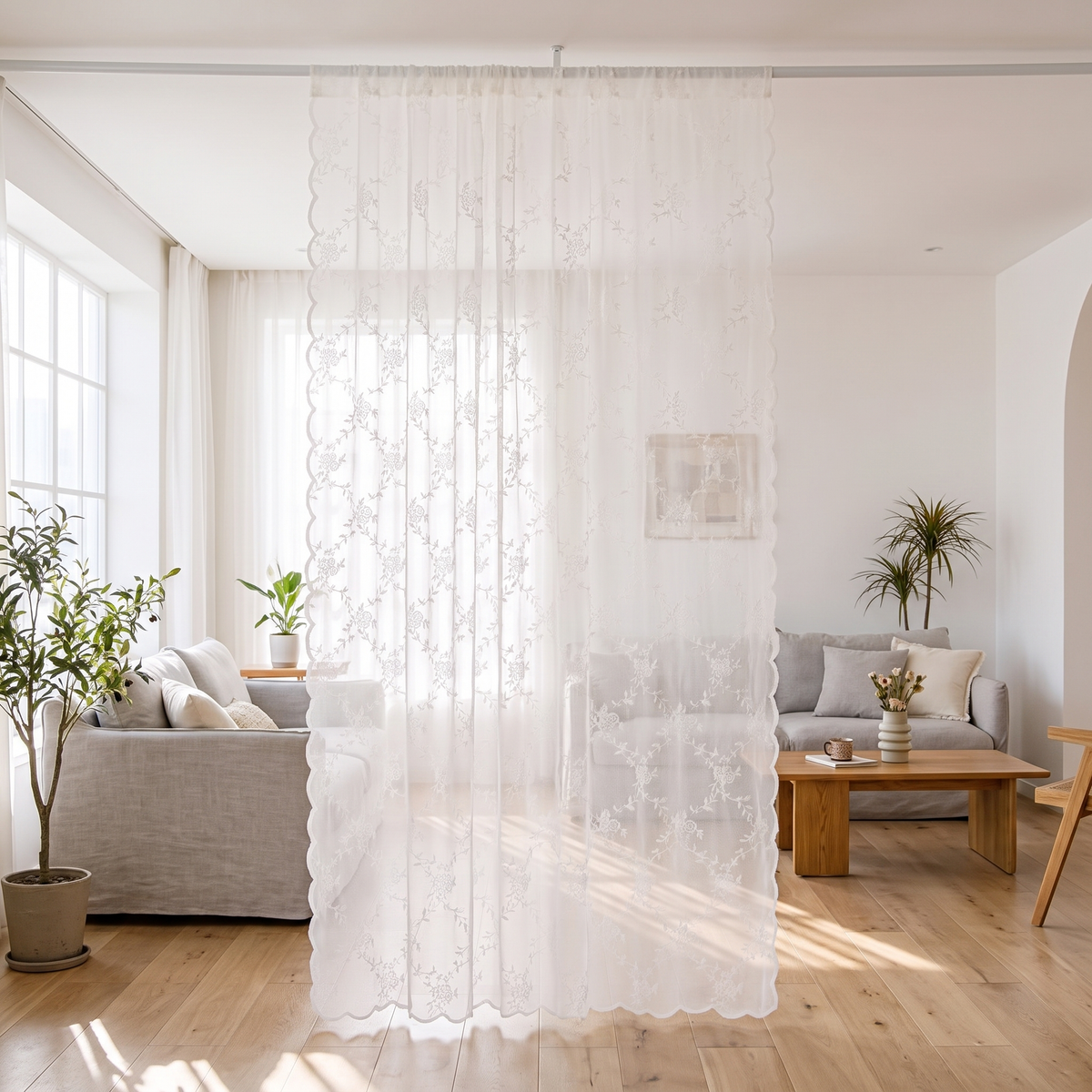 Lace Room Divider Privacy Curtain hung as a divider