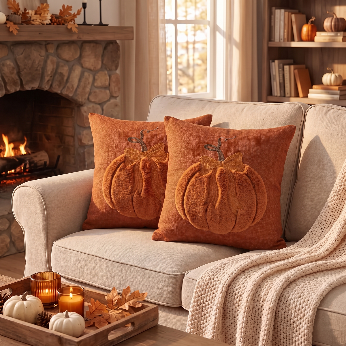 3D Jacquard Pumpkin Pillow Covers with Bow - Burnt Orange