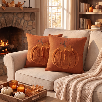 3D Jacquard Pumpkin Pillow Covers with Bow - Burnt Orange