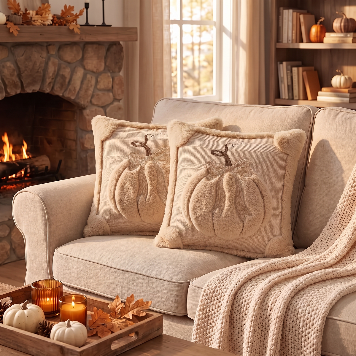 3D Jacquard Pumpkin Pillow Covers with Bow - Small Beige Pumpkin