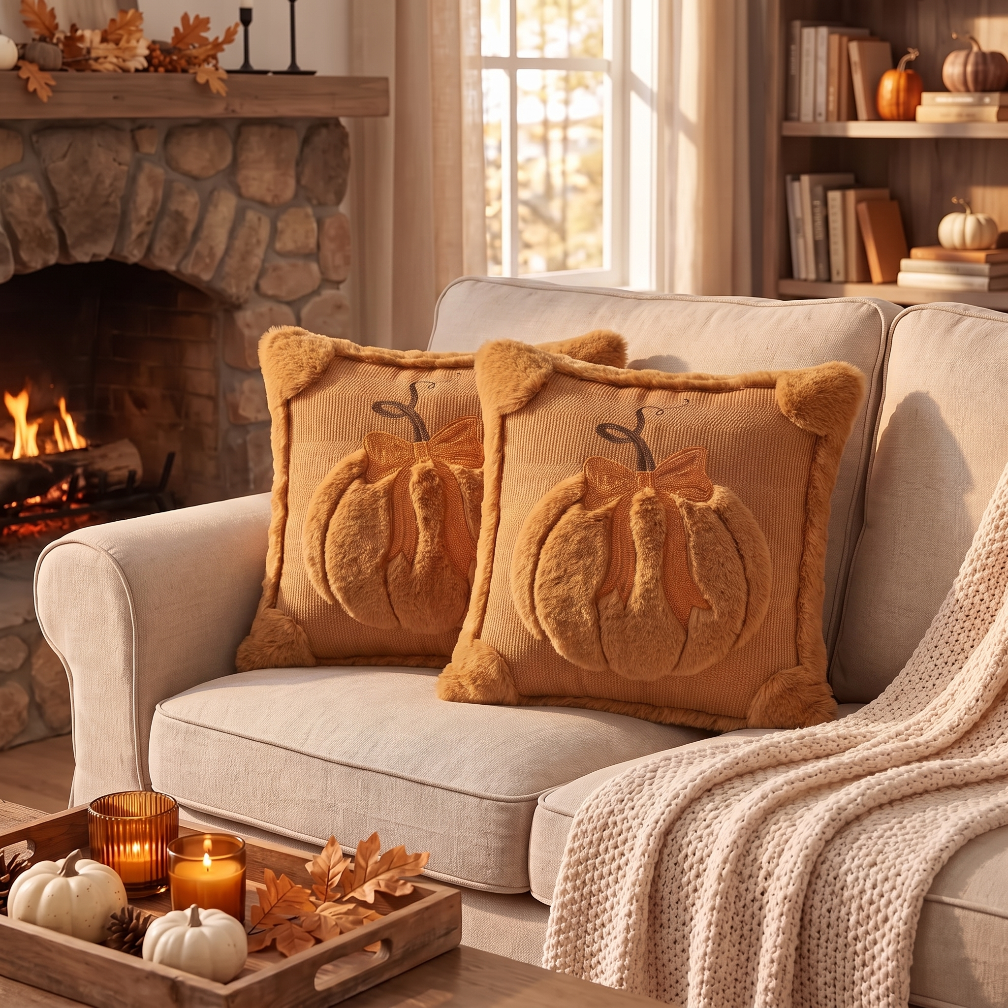 3D Jacquard Pumpkin Pillow Covers with Bow - Caramel-Colored Mini Pumpkin