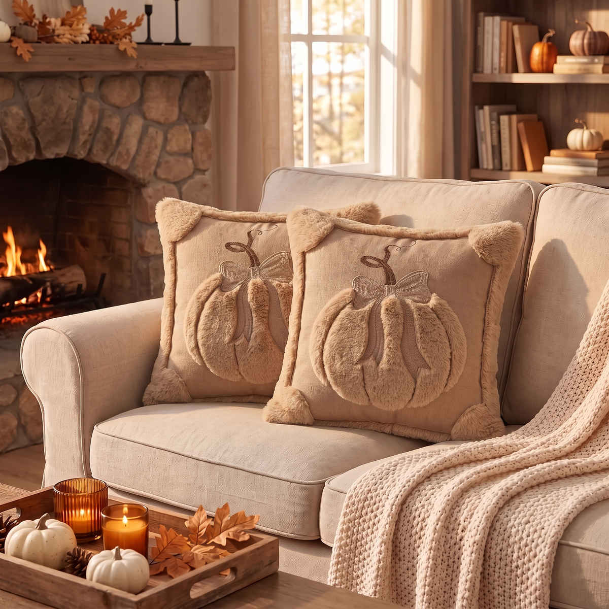 3D Jacquard Pumpkin Pillow Covers with Bow - Light Brown